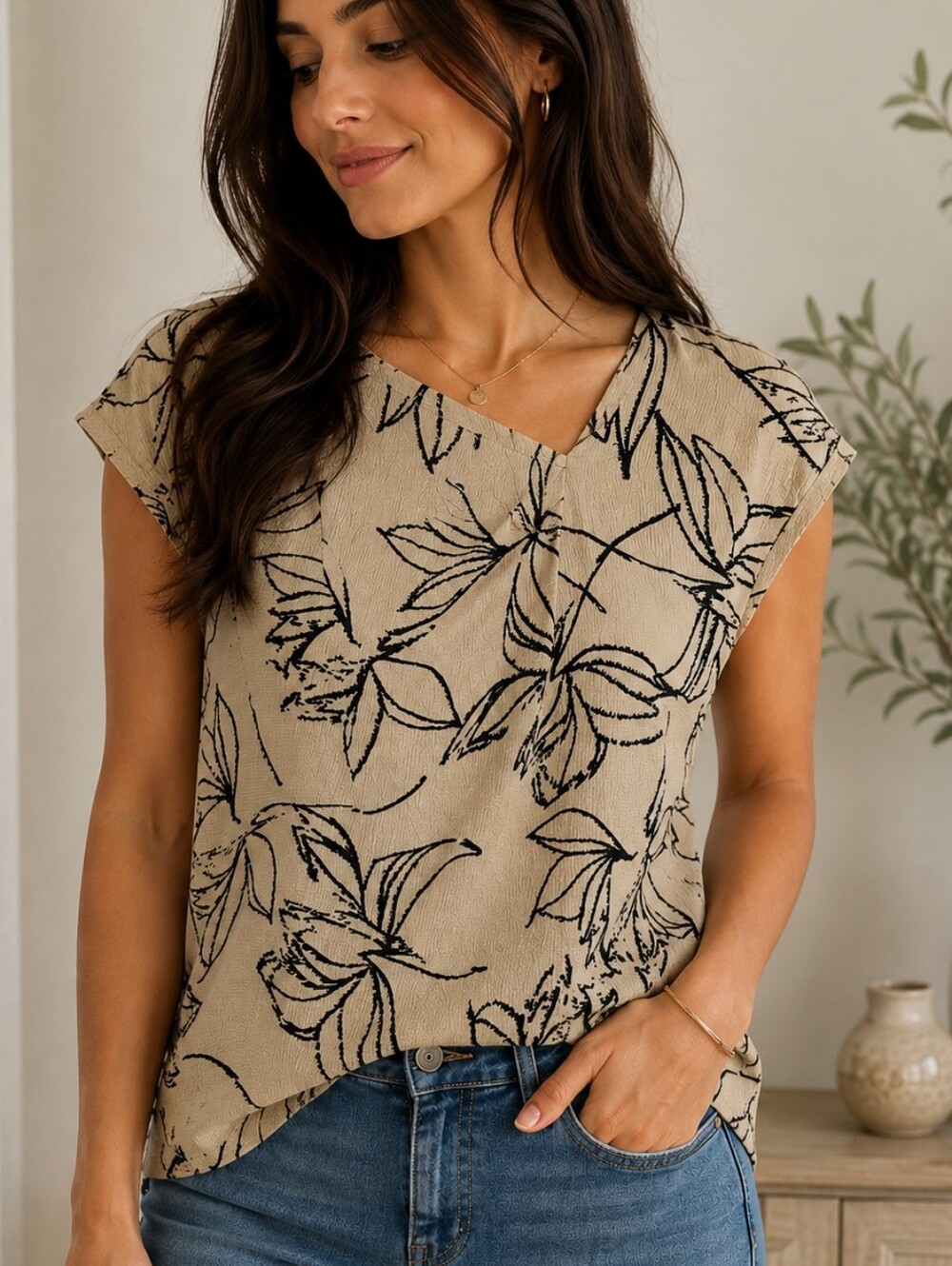 Calvin Klein Cream Top with Black Floral Outline - Picture 6 of 7